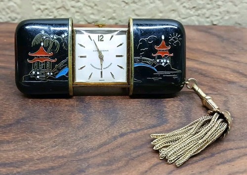 VINTAGE FIFTH AVENUE LADIES WATCH TRAVEL PENDANT CHINOISERIE BLACK ENAMEL