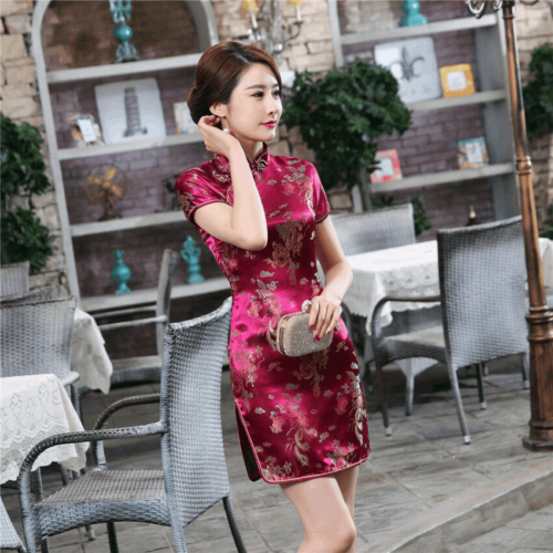 Mandarin Collar Cheongsam Chinese Dragon Print Side Slits Qipao Dress S NEW - Picture 10 of 16