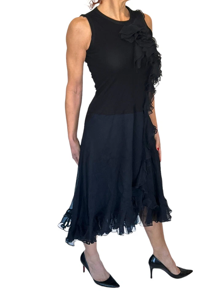 Teri Jon by Rickie Freeman Black Ruffle Chiffon Cascading Sleeveless Dress S - Image 2 of 4