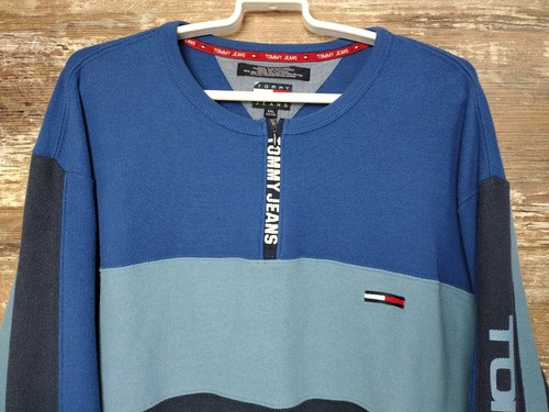 Vintage Tommy Jeans Hilfiger Blue Long Sleeve Polo Shirt Logo Flag XXL 2XL Zip - Picture 2 of 12