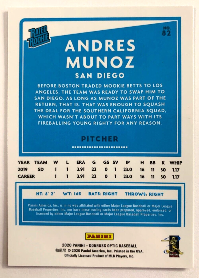 ANDRES MUNOZ RATED ROOKIE • 2020 Optic 82 • SHARP SEATTLE MARINERS