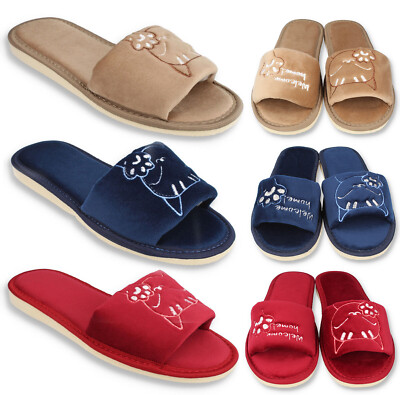 Hausschuhe Damen Samt offen mit Welcome Home Katzen Motiv Gr. 36-41 filsko Masku