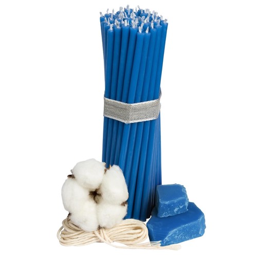 50 pcs Diveevo blue ritual dripless beeswax candles L-6.3 in, Ø-0.2 in