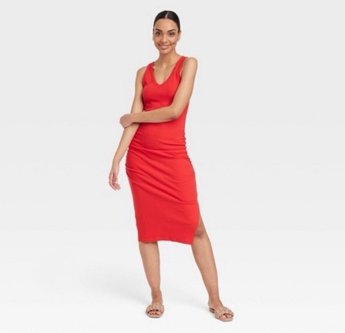 Rotes geripptes Strick gerafftes lässiges Midikleid Stretch Baumwolle ärmellos V-Ausschnitt M gebraucht, in einwandfreiem Zustand
