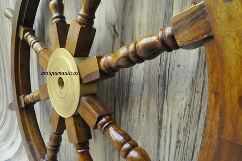 36 Inch Wooden Ship Steering Wheel Pirate Décor Wooden Brass Finishing Wall Boat - Picture 5 of 5