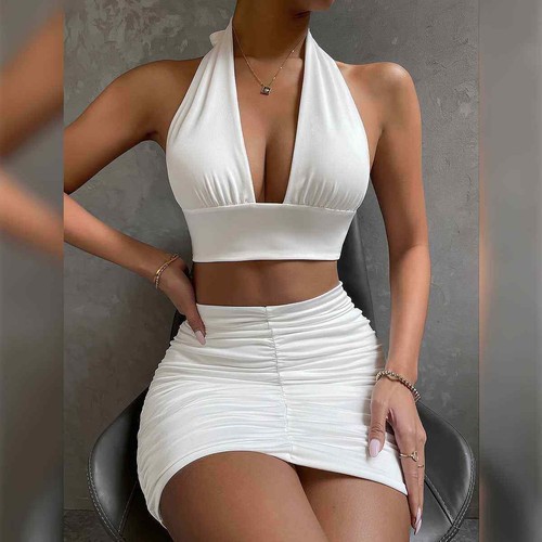 Halter Lace-Up Dress Set - Women's Sexy Pleated Skirt Outfit - Urbane Boujee™ - Picture 27 of 35