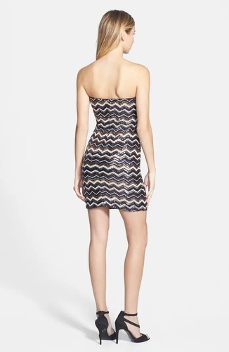 As U Wish Sequins Chevron Dress Womens Size S Black Strapless Mini Bodycon - Picture 2 of 11