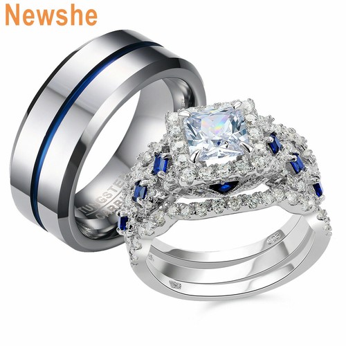 Newshe Pareja Anillo Conjuntos Suyo y Ella Anillos de Tungsteno Hombres Plata 925 Mujeres Anillo Circonio Circal - Imagen 13 de 86