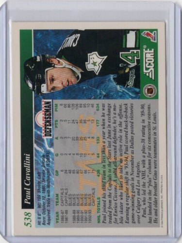 PAUL CAVALLINI NHL Stars 1994 Score Autografato Firmato #538 Card - Foto 2 di 2