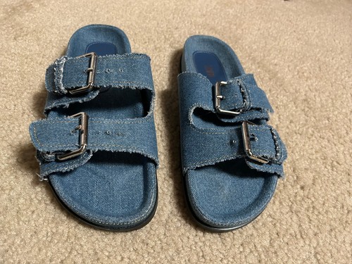 ZARA blue DENIM SANDALS Womens Buckle Flat Slip On Slide Size 7.5, 38 - Picture 3 of 9
