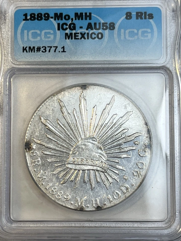 Moneda de 8 reales de plata 1889 Mo MH con certificación ICG AU 58 Ciudad de México Casa de la Moneda Foto 3 de 4