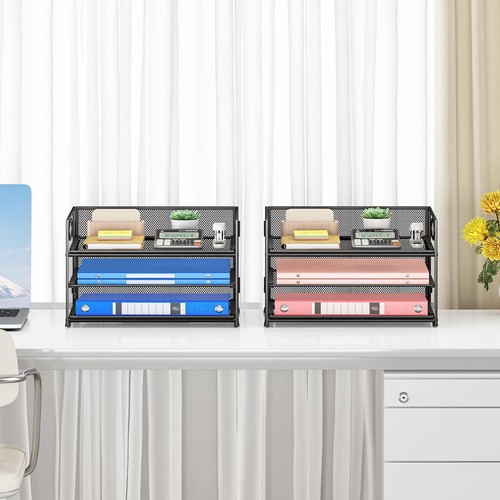 2 Pack 3-Tier Paper Letter Tray Organizer, Black Metal Mesh File Sorter Desk - Picture 6 of 6