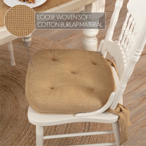 VHC Brands Farmhouse 14 in Chair Pad Tan Burlap Natural Tie Kitchen Table Decor - 第 2/6 張圖片