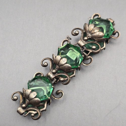 Art Nouveau Sterling Silver Demi-Parure Green Glass Floral Bracelet Earrings - Picture 13 of 24