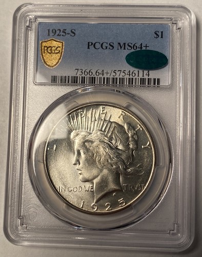 1925-S Peace Silber Dollar PCGS MS64+ plus CAC 16000 $ in 65