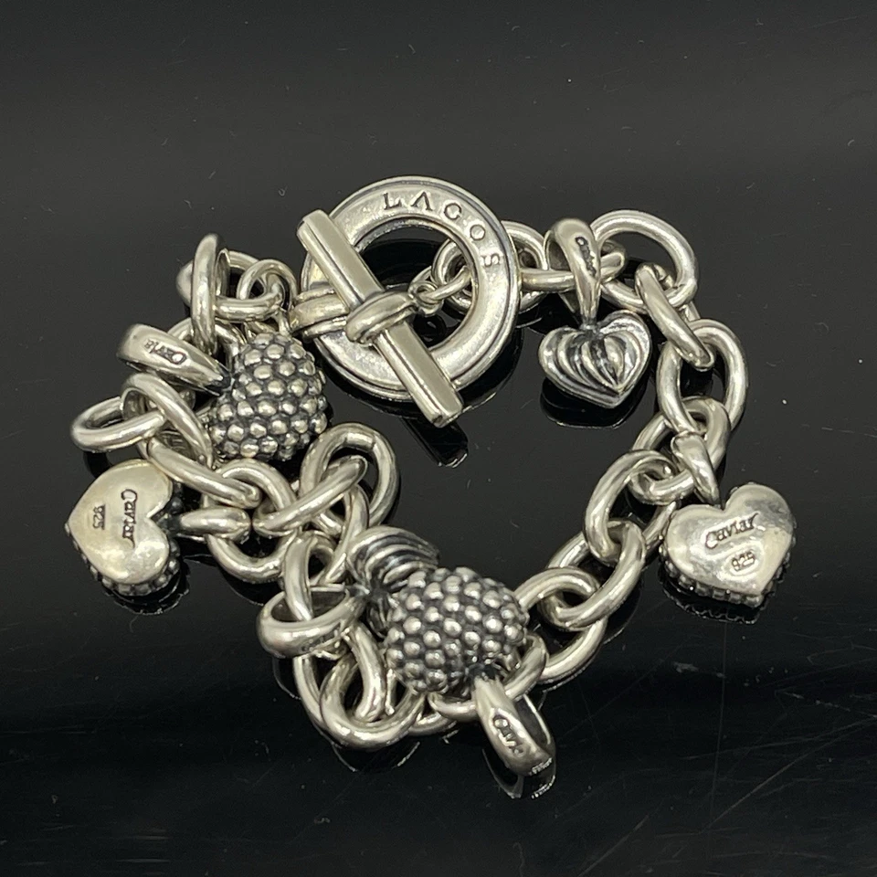 LAGOS Caviar Sterling Silver 6 Heart Charms Chain Link Toggle Bracelet 6.5" - Image 3 of 4