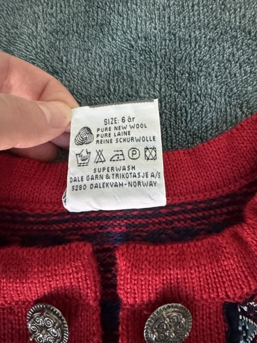 Dale of Norway Kids Girl's Sweater Pure Wool Size 6 Red Fair Isle - Picture 3 of 8