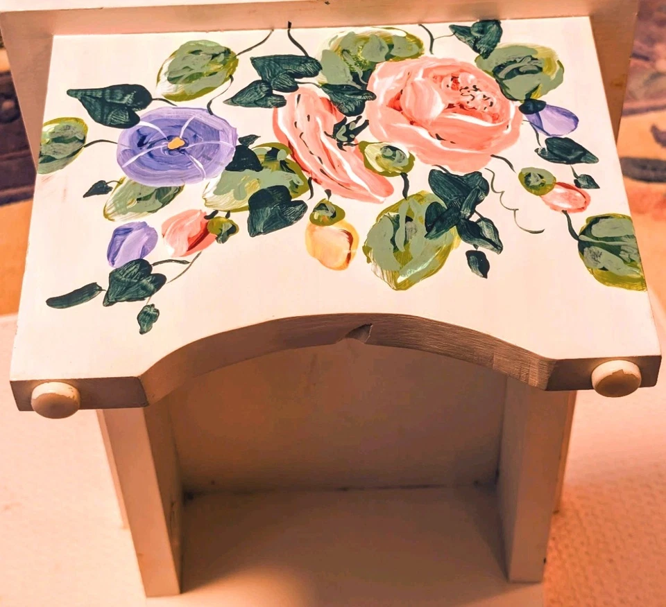 Rosas ~Pintadas à Mão ~ Sólidas ~Banquinho de Pé/Pé ~ 17 x 11 x 9"~ Assinado pelo Artista ~ - Imagem 4 de 4