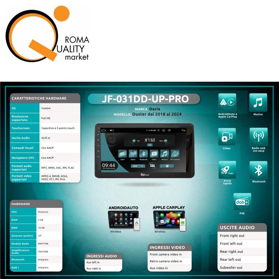 Jfsound JF-031DD-UP-PRO autoradio car tablet 10" fit DACIA DUSTER 18-24 Android - Immagine 3 di 4