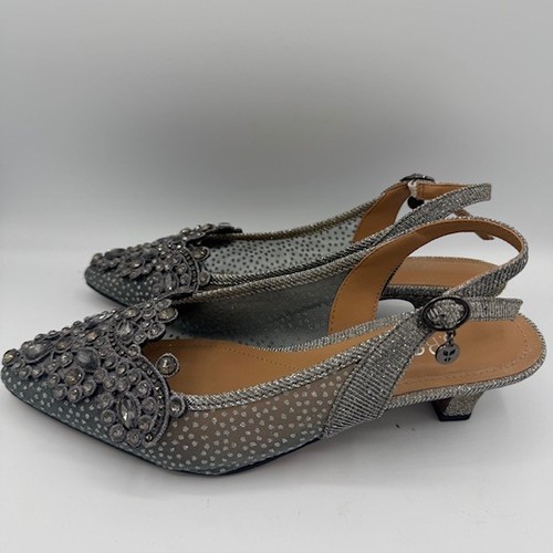 J. Renee Strovanni Slingback Pumps Zinn Perlen Strass, Spitze Mesh Silber 7W - Bild 1 von 8