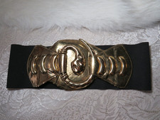 VINTAGE 1980s BLACK  GOLD 4" WIDE STRETCH ELASTIC BELT METAL/VINYL HOOK S/M USA