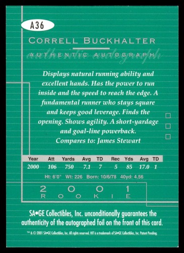 2001 SAGE HIT Autographs Correll Buckhalter Auto Nebraska Cornhuskers #36 - Picture 2 of 2