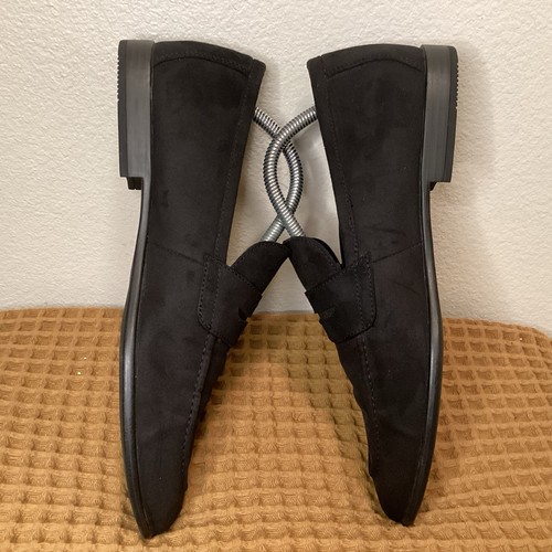 H&M Shoes Mens Sz 9 42 Casual Slip On Apron Toe Penny Loafer Flats Black Suede - Picture 7 of 8