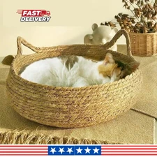 Handmade Wicker Cat Bed with Cushion | Washable Cozy Pet Nest All Season