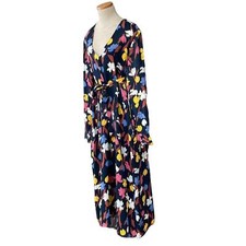 JUST FEMALE Dress L Large Navy Blue Yellow Pink Floral Print V-Neck