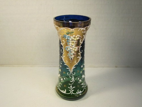 VTG Moser Glass Vase Bohemian Green & Blue Heavy Gold Lily Of Valley Vase - Picture 3 of 7