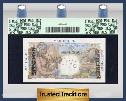 TT PK 30s 1947-49 MARTINIQUE 50 FRANCS D'ESNAMBUC PCGS 65 PPQ GEM ONLY FEW FINER - Picture 2 of 2