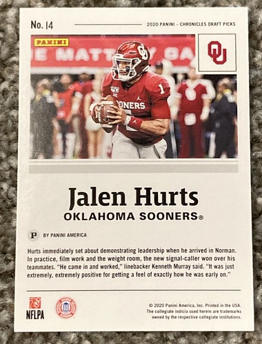 2020 Chronicles Draft Picks Jalen Hurts #14 Rookie Oklahoma Sooners RC Eagles - Foto 2 di 2