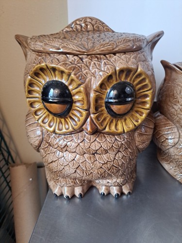 Vintage Retro MCM 1970s Double Side Sleepy Eyed Owl Canister Cookie Jar Set - Picture 2 of 16