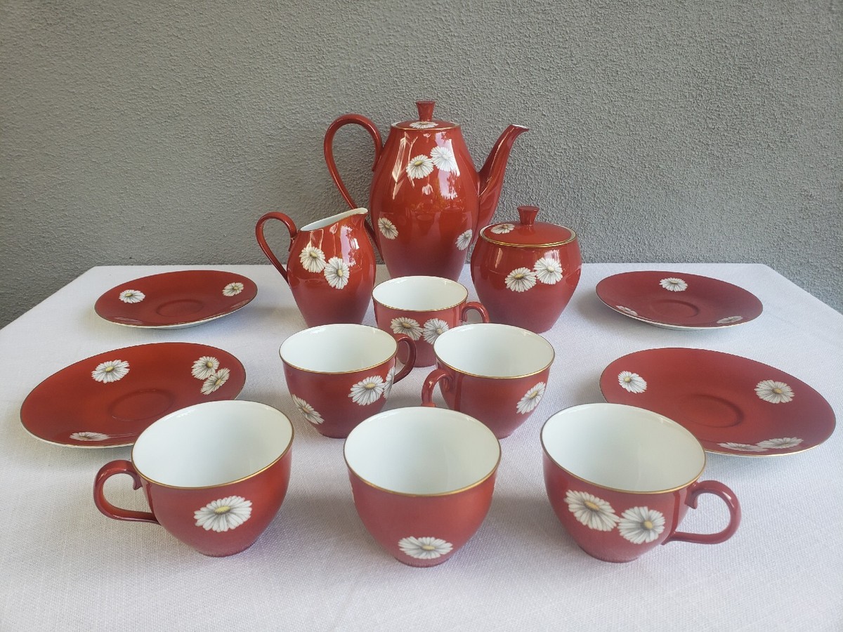 お値下げ❀NORITAKE❀15点ティーセット❀未使用品 Vtg 1950s Noritake Nippon Red Daisy Gold Trim Tea Pot Sugar Cream