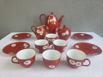 Vtg 1950s Noritake Nippon Red Daisy Gold Trim Tea Pot Sugar Cream