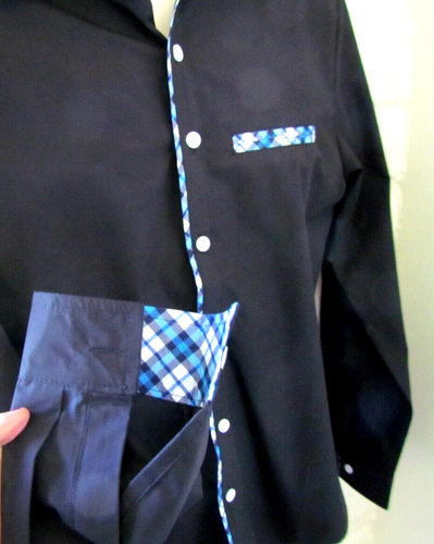 JEANSIAN Men's Sz L Button-Down Shirt - Black w/Blue,White Check Trim - Picture 3 of 7