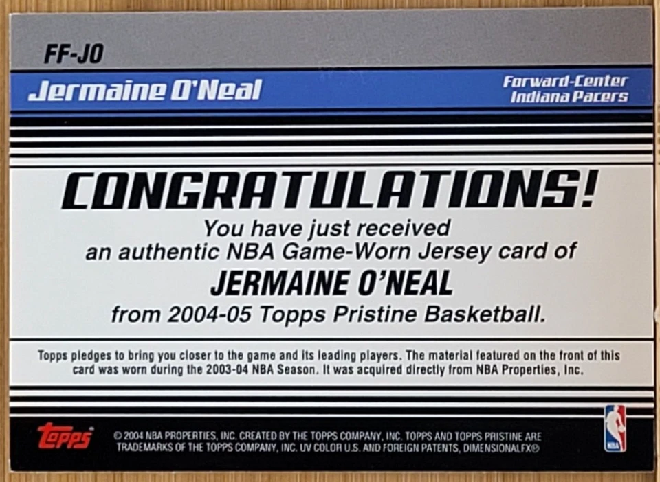 2003-04 TOPPS PRISTINE  JERMAINE O'NEAL FANTASY FAVORITES GAME USED JERSEY - Image 2 of 2