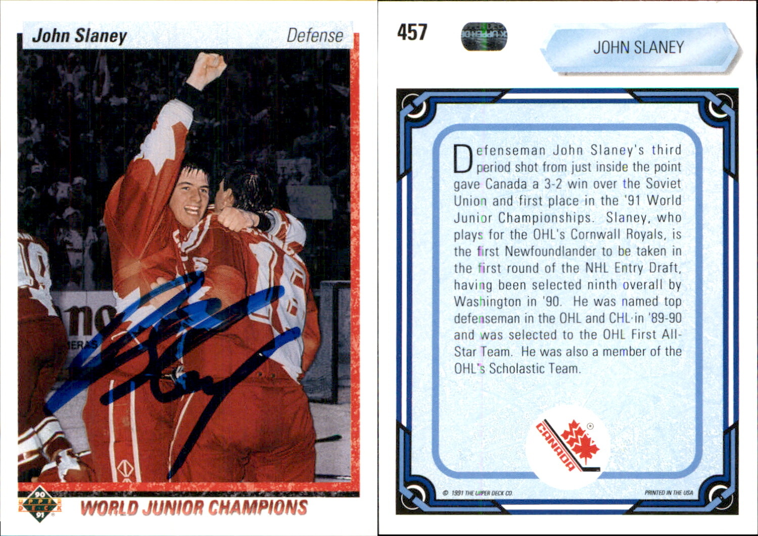 John Slaney Signed 1990-91 Upper Deck #457a Card Canada Auto AU