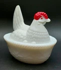 Vintage Westmoreland White Milk Glass Hen on Nest w/Red Comb Candy/Trinket Dish