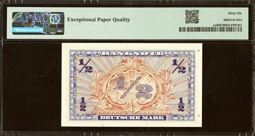 Deutschland - Alliierte Besatzungspost Zweiter Weltkrieg 1/2 Mark 1948 Pick-1a EDELSTEIN UNC PMG 66 EPQ - Bild 2 von 2