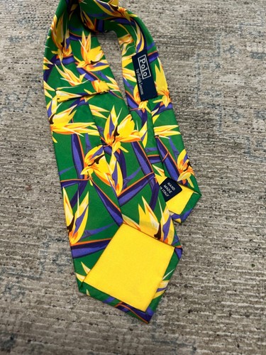 Polo Ralph Lauren verde púrpura amarillo tropical pájaro paraíso floral seda cuello ti - Imagen 3 de 6