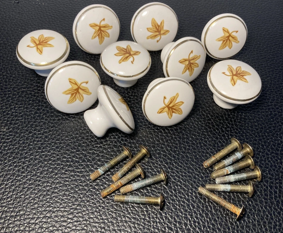 Perilla de cajón de porcelana vintage tira hoja de arce dorado con tornillos — Lote de 10 Foto 2 de 4