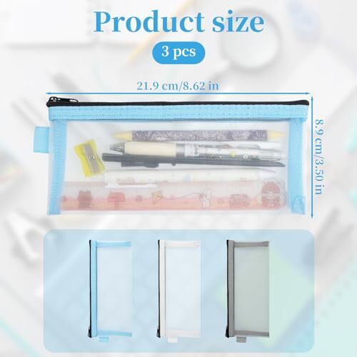 3 Pieces Pencil Case Set,Clear Exam Pencil Pouch,Mesh Zipper Pen Pouch,Nylon - Picture 2 of 6