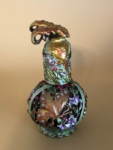 Messing Emaille & bunte Kristalle Floral Parfum Flakon 2004 Schmetterling Top - Bild 3 von 7