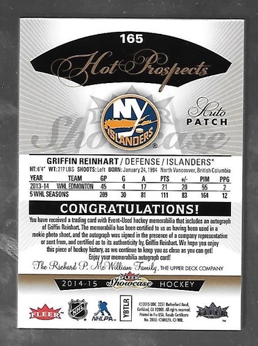 Griffin Reinhart 2014-15 Fleer Showcase Hot Prospects RC Auto Patch /175 - Bild 2 von 2