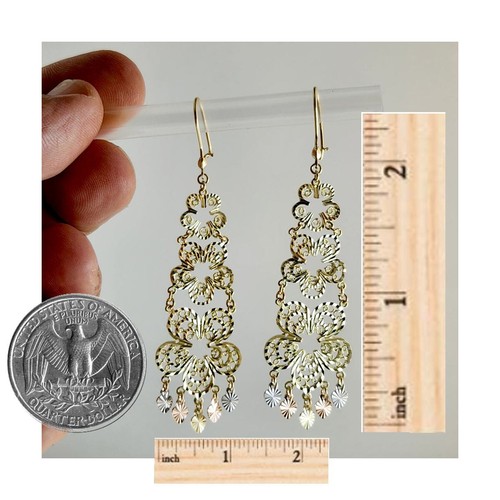 Gypsy Style Earrings Solid 14K Gold Dangling Chandelier Filigree Butterfly 2.25" - Picture 3 of 8