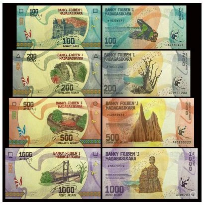 Madagascar Banknote 4pcs Set 2017 (UNC) 全新 马达加斯加 4张(100-1000阿利亚里) 2017年 - Image 2 of 2