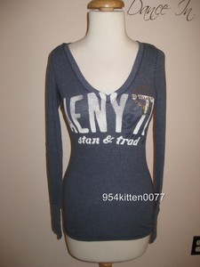 New American Eagle Outfitters A E Blue Thermal Waffle Knit L S V Neck Logo Top S Ebay