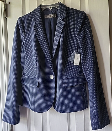 The Limited Blazer Womens Petite S Blue White Polka Dot Collared 1 Button NWT