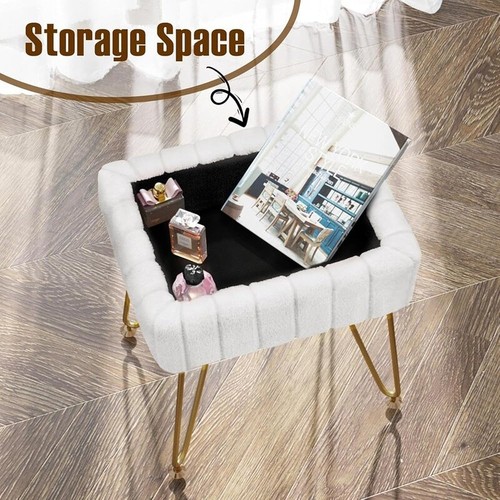Faux Fur Vanity Stool Chair Storage Ottoman Soft Seat Metal Legs Non-slip Feet - Picture 5 of 7